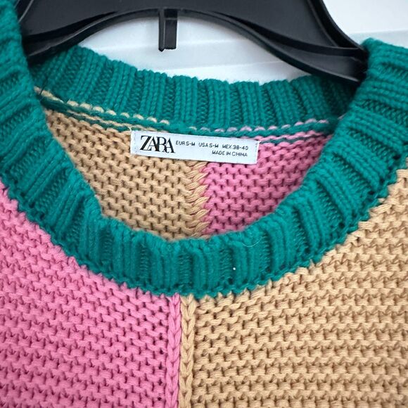 ZARA Colorblock Cotton Sweater – Bold Patchwork Knit, Size S-M - Picture 5 of 6